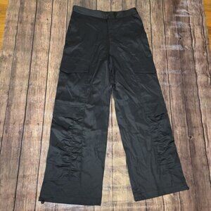 Zara Cargo Pants Womens M Black Satin Whimsy goth Streetwear High Rise Wide Leg